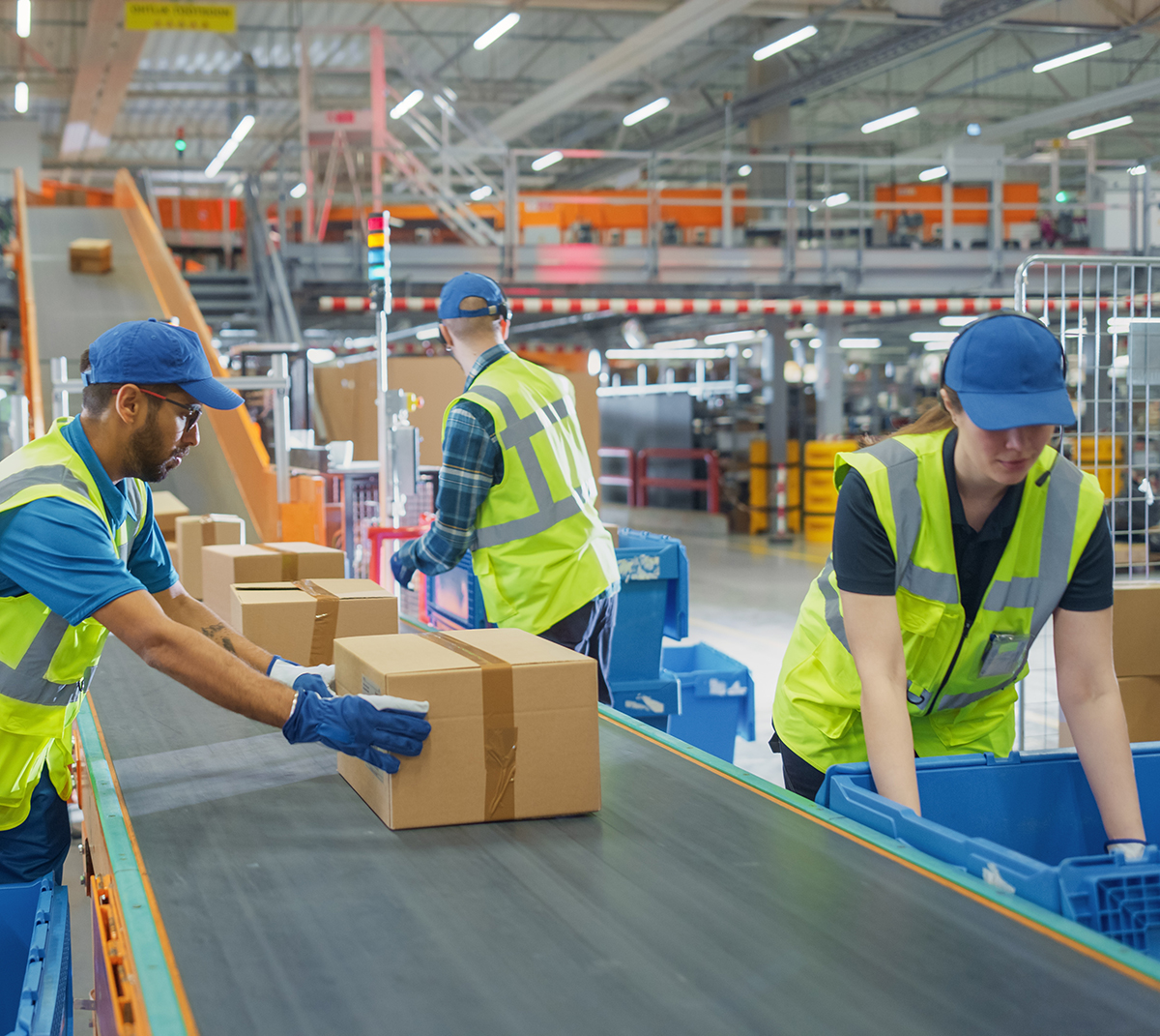 workers,in,high visibility,vests,redirect,packages,along,a,system,of